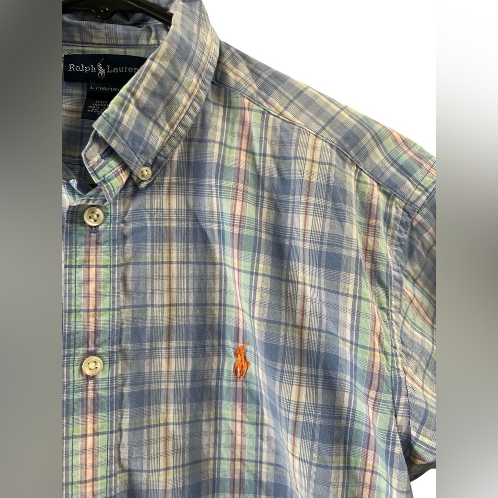 Ralph Lauren blue plaid short sleeve button down shirt - Picture 2 of 4